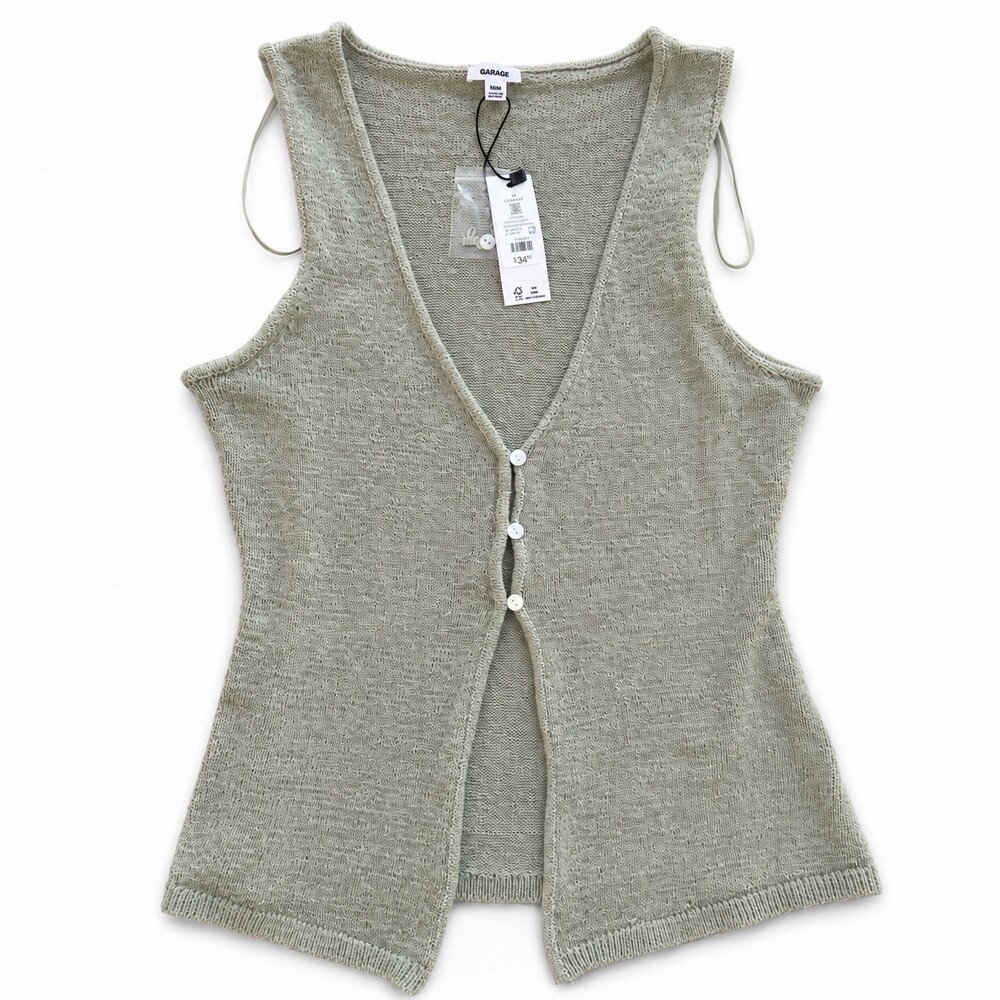 Garage Women’s Mina Sage Green Knit Button Front Sweater Vest Sleeveless Medium